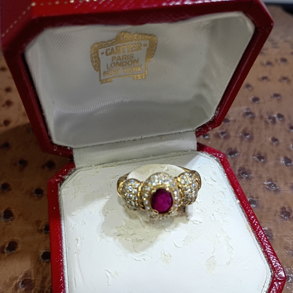 Cartier Gold Pavé Dome  1 K  Ruby Ring Surrounded By Diamond Chips 2 K